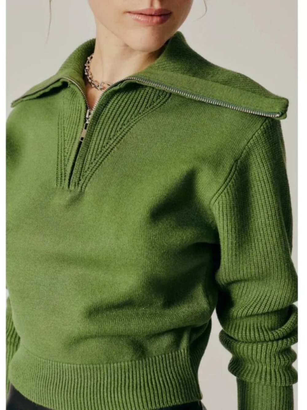 Deluc Lobelia Quarter Zip Turtleneck Sweater Basil Green Ribbed Chic Size M